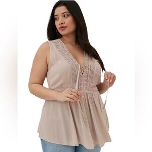 Torrid Babydoll Crinkle Gauze Crochet Inset Lace Up Top Sz 3 3X
